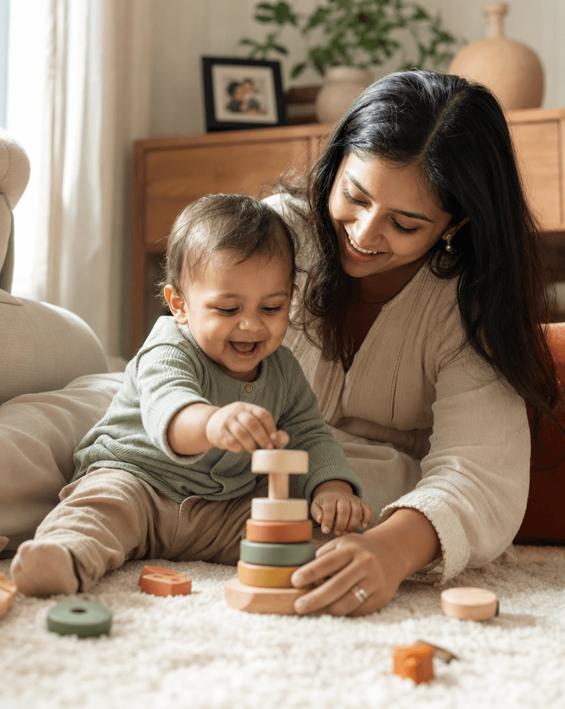 Indian parent joyfully playing with a smiling toddler on a cream rug, warm sunlight streaming in