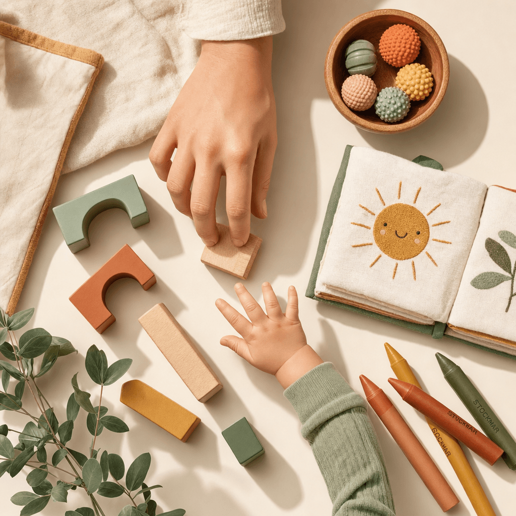 Overhead view of parent and toddler hands reaching for wooden blocks, cloth book, and colorful crayons