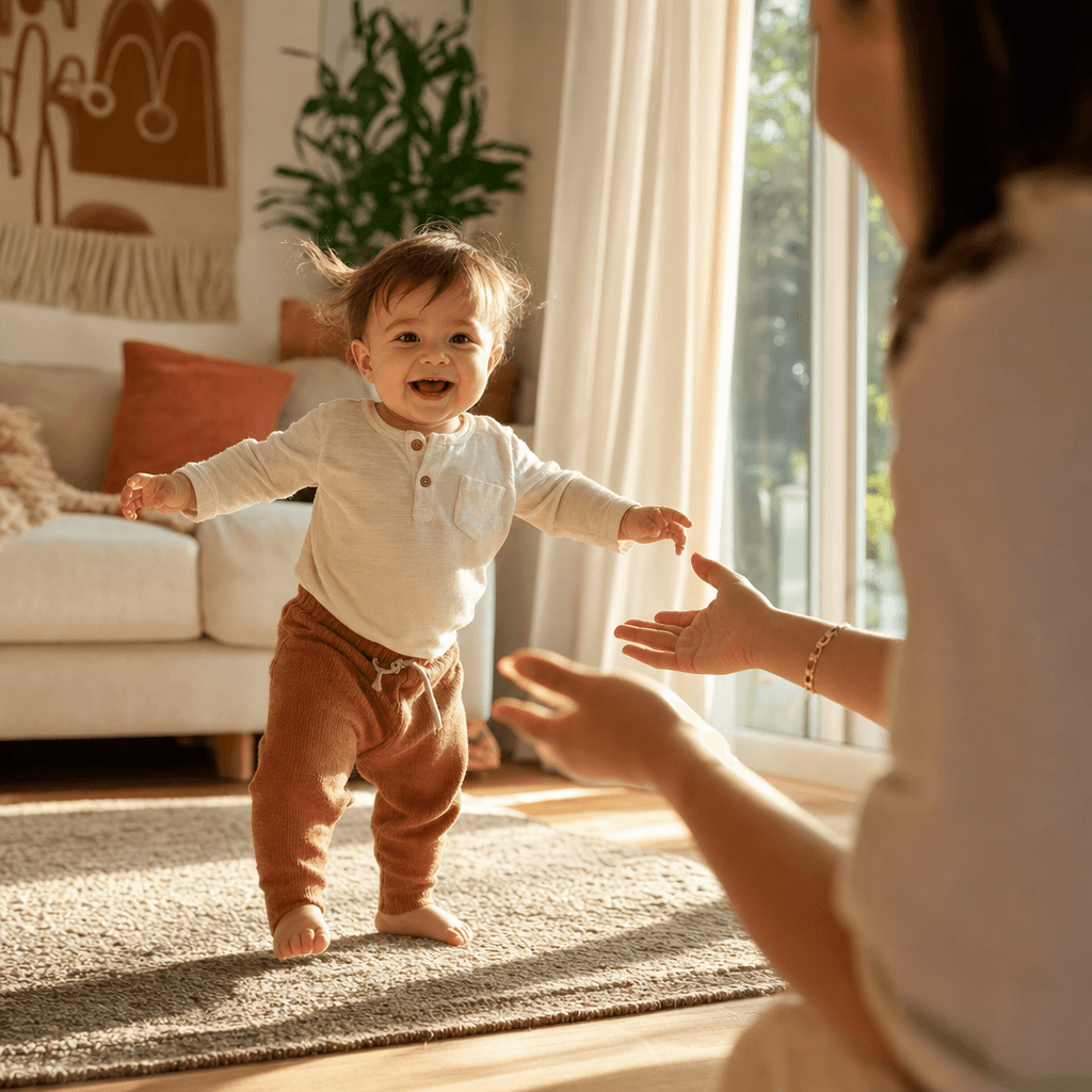 Joyful toddler taking first steps with parent's supportive hands nearby, celebrating milestone moment